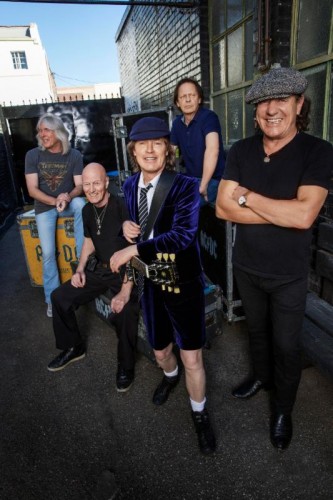 L-R: Cliff Williams, Chris Slade, Angus Young, Stevie Young and Brian Johnson. Photo By Josh Cheuse