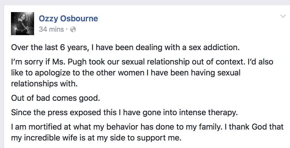 Ozzy Osbourne Sex Addiction FB Post 8-3-16
