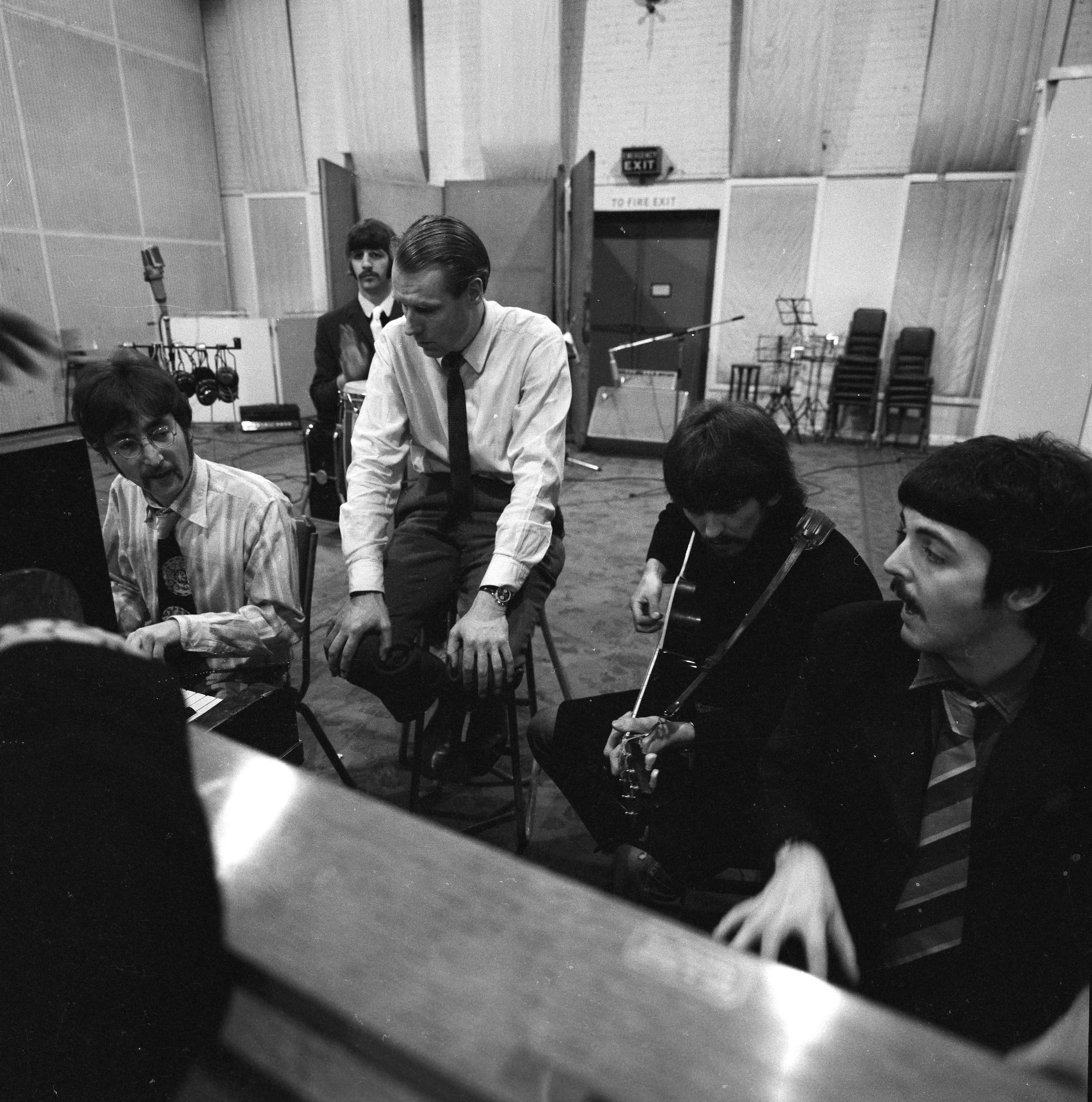 The Beatles with George Martin, Abbey Road Studios Jan 1967, courtesy of Apple Corps Ltd.