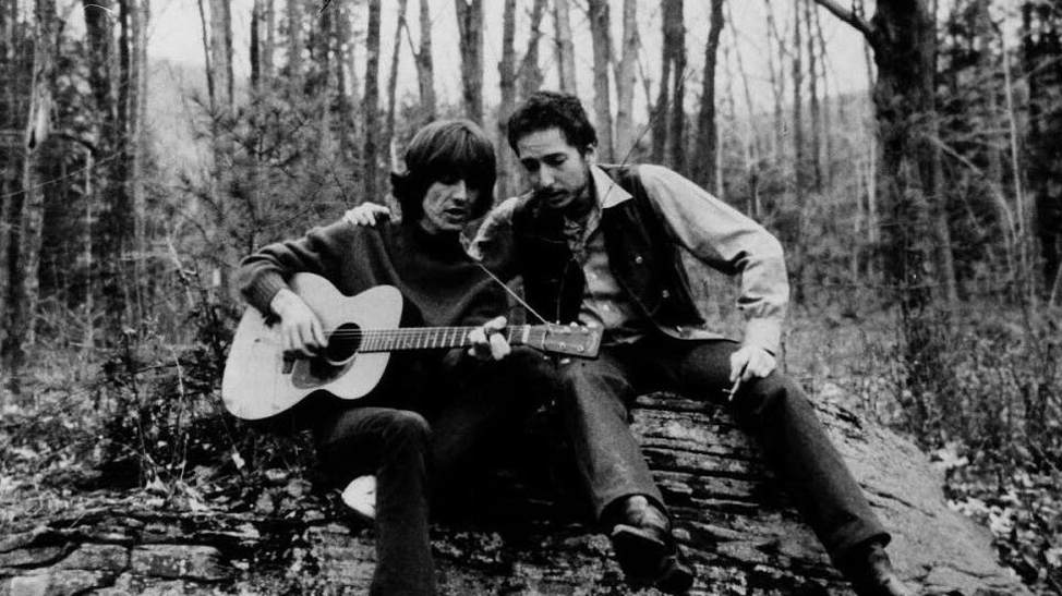 George Harrison and Bob Dylan in Woodstock, circa 1969. 