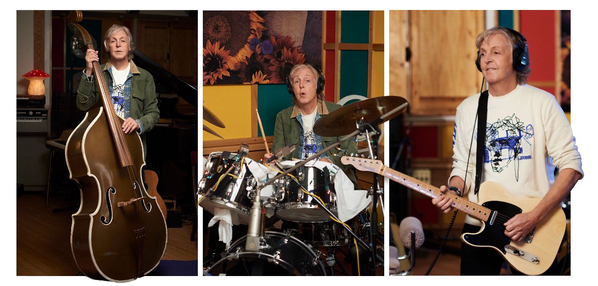 McCartney playing an array of vintage instruments: Bill Black’s upright bass, a 5-piece Ludwig drum kit and a 1954 Fender Telecaster (Photos: © Mary McCartney)